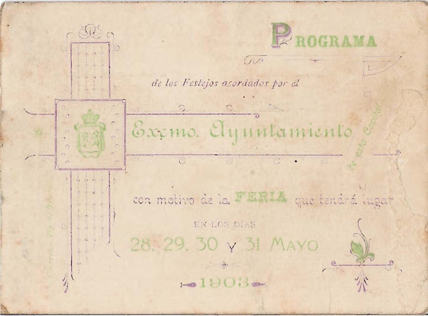 Programa Feria y Fiestas de Cáceres, mayo 1903