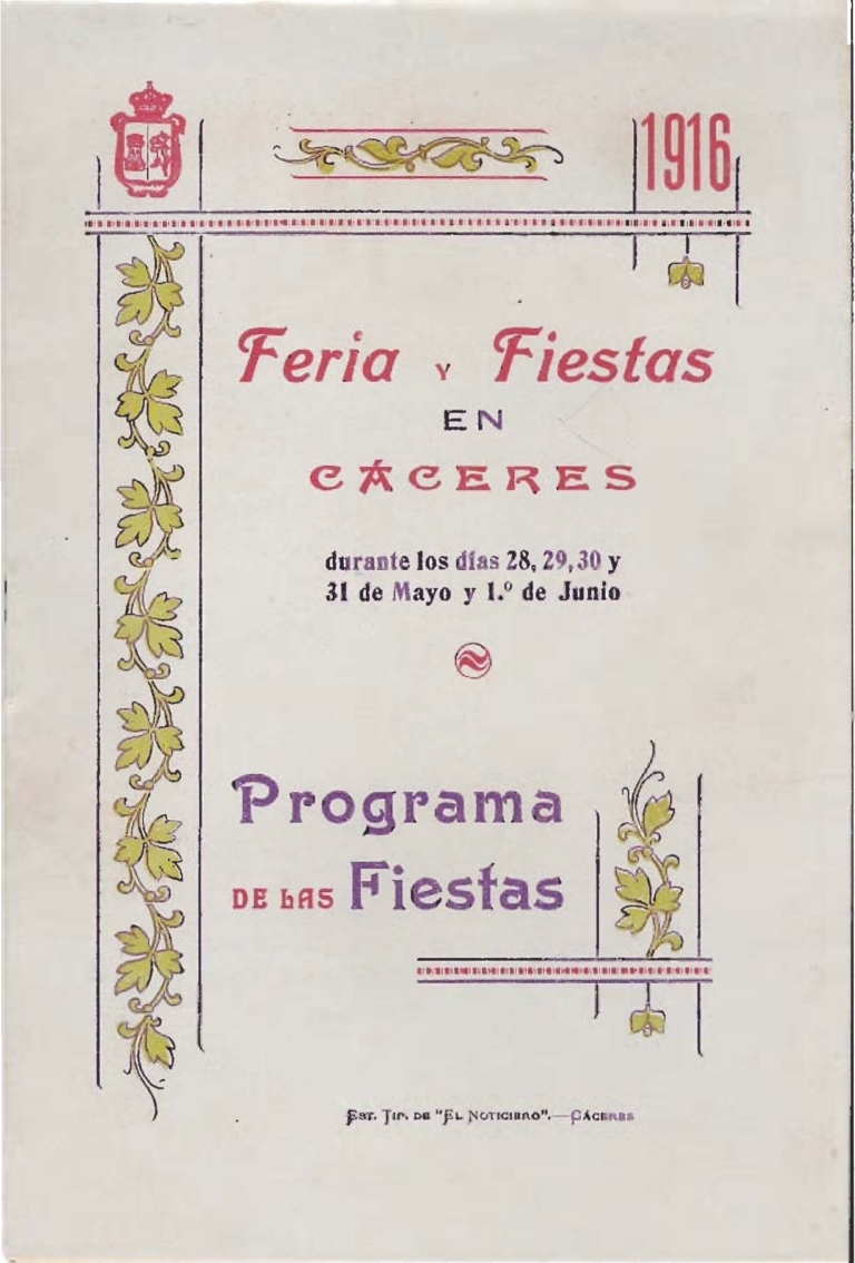 Programa Feria y Fiestas de Cáceres, mayo 1916