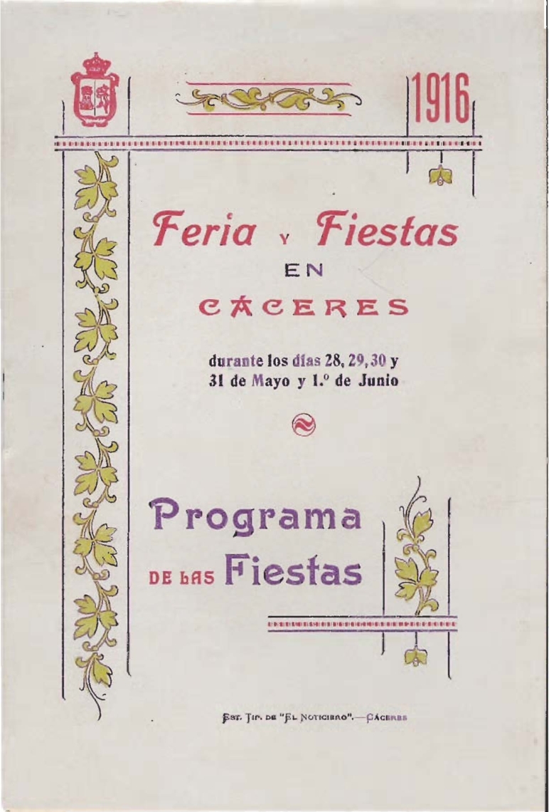 Programa Feria y Fiestas de Cáceres, mayo 1916