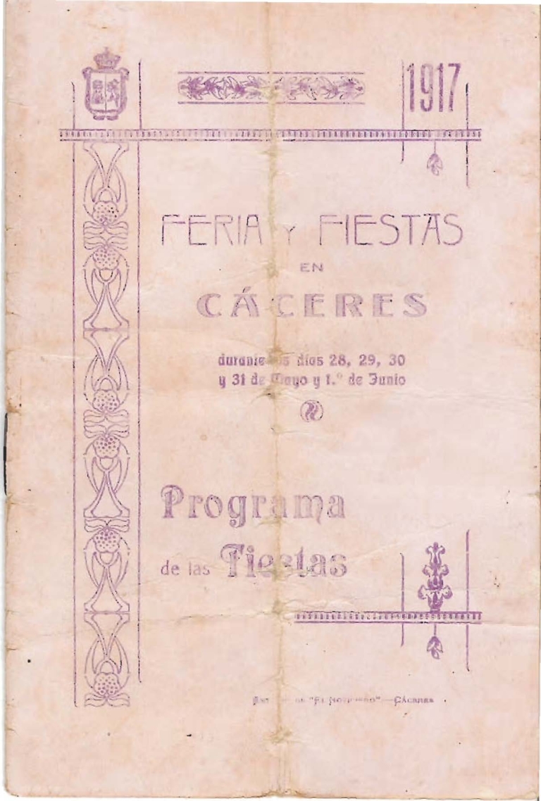 Programa Feria y Fiestas de Cáceres, mayo 1917