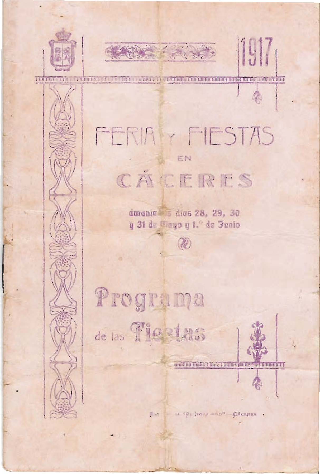 Programa Feria y Fiestas de Cáceres, mayo 1917