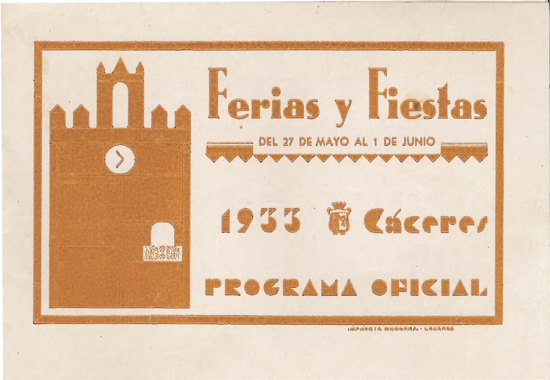 Programa Feria y Fiestas de Cáceres, mayo 1933