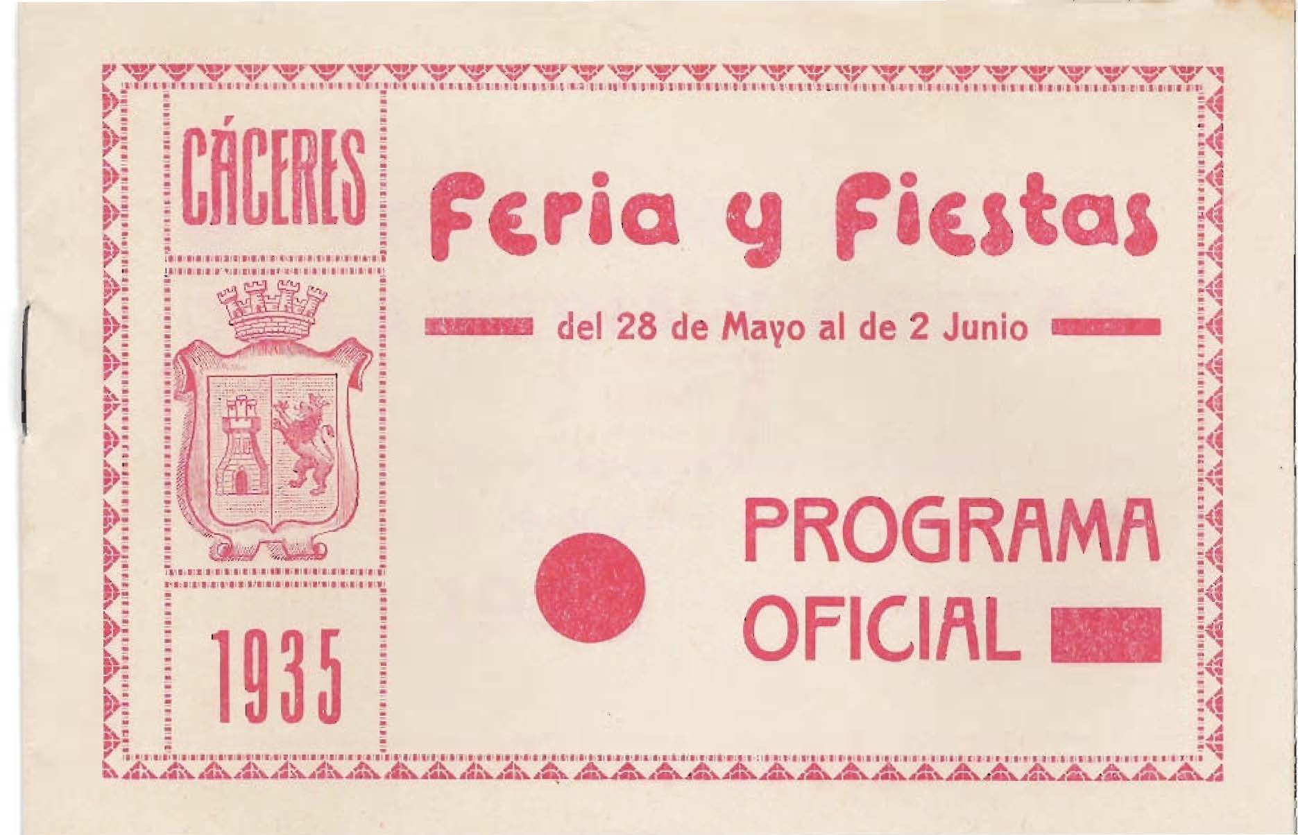 Programa Feria y Fiestas de Cáceres, mayo 1935
