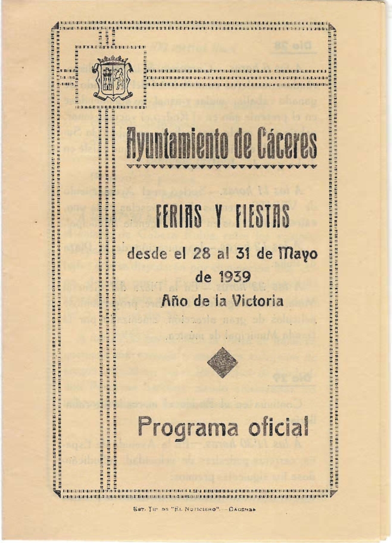 Programa Feria y Fiestas de Cáceres, mayo 1939