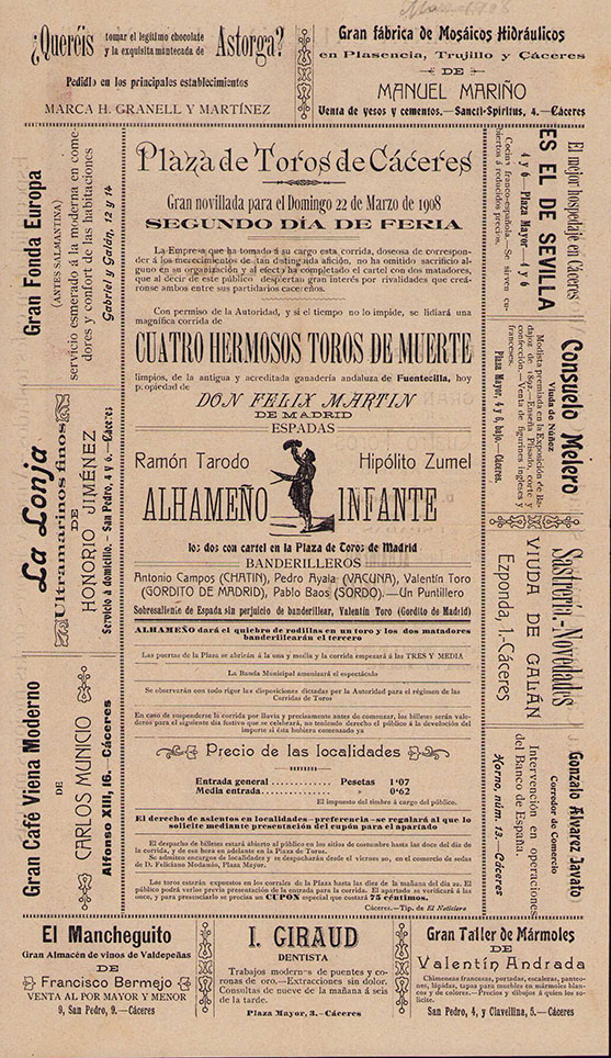 Cartel de Toros Cáceres 1908