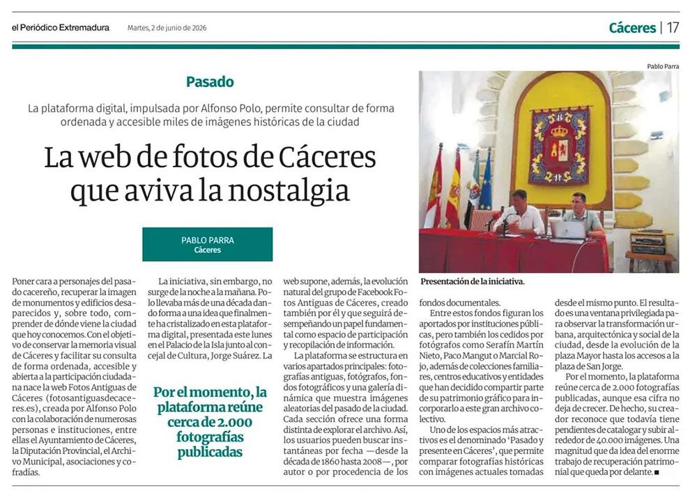 Articulo-El Periodico Extremadura-02-06-2026 El periódico Extremadura, presentación Web fotos antiguas de Cáceres