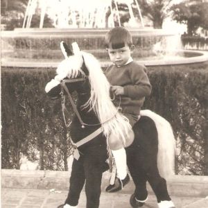 Niño con burrito en la fuente luminosa