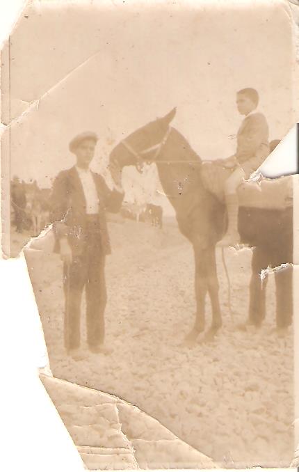 Hombre y niño sobre un mulo