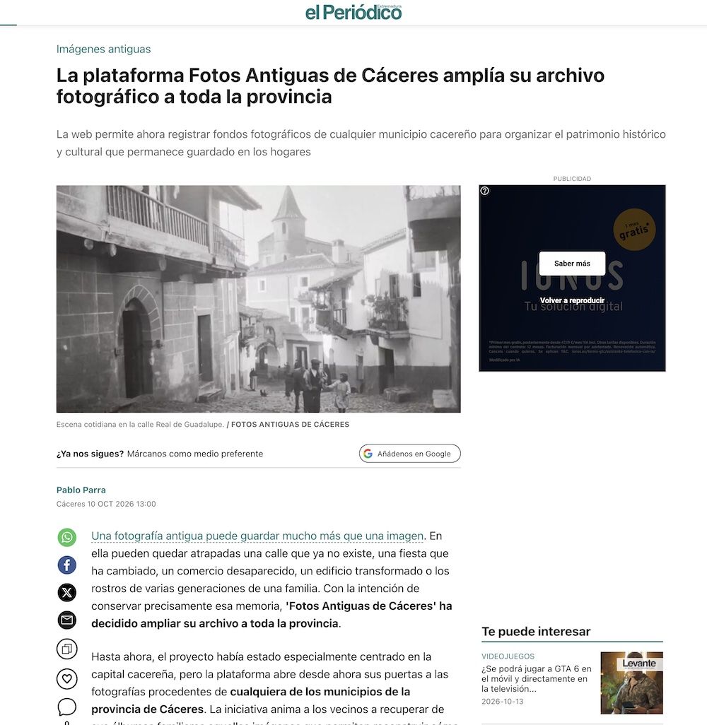 Screenshot La plataforma Fotos Antiguas de Cáceres amplía su archivo fotográfico a toda la provincia