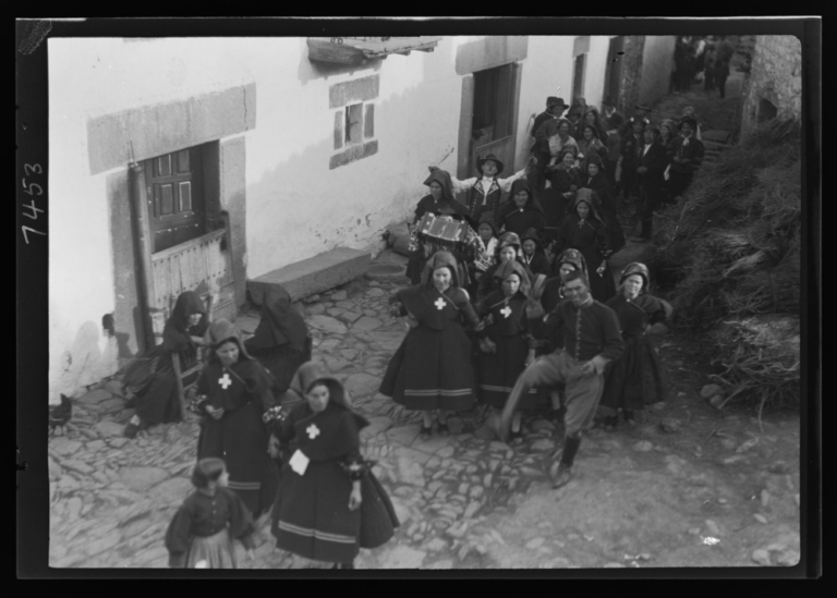 Carnaval: mozos y mozas desfilando con un acordeón