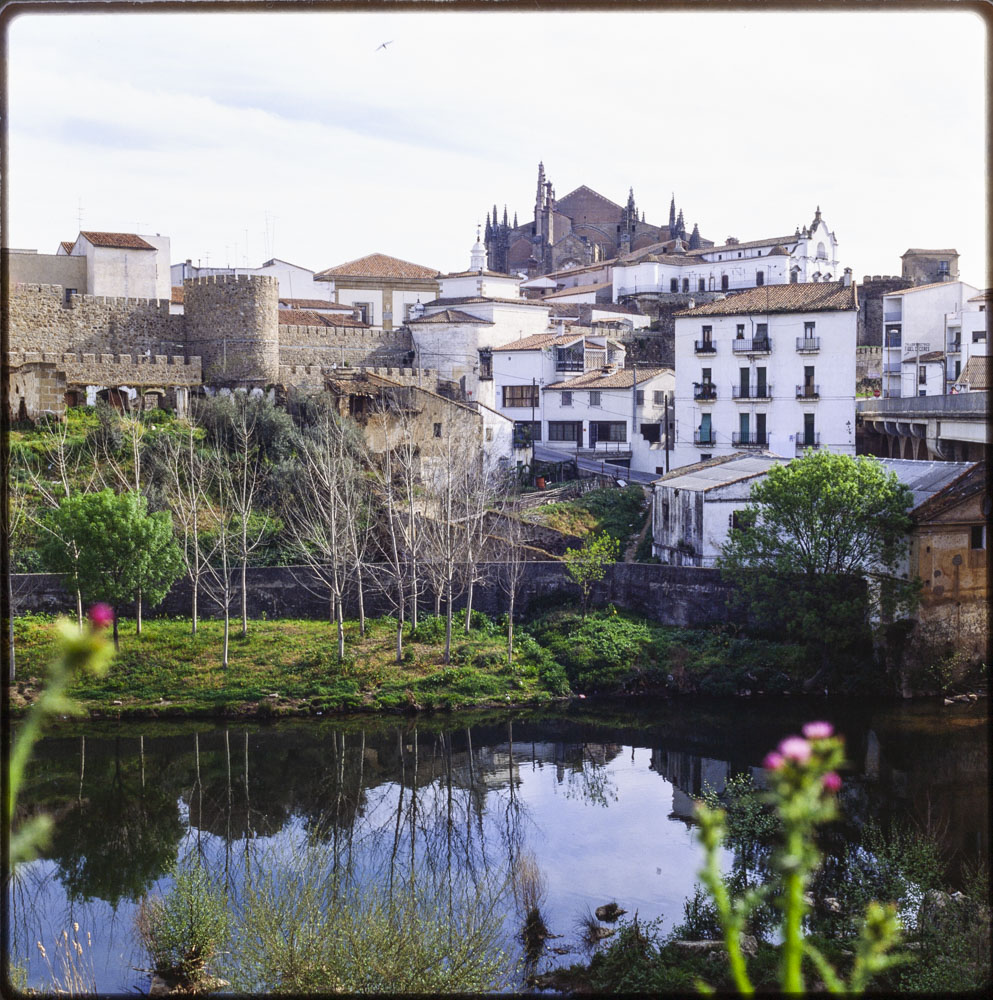 Plasencia. Vista parcial con la catedral y murallas. Río Jerte