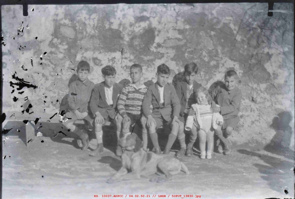 Seis adolescentes, niño y perro